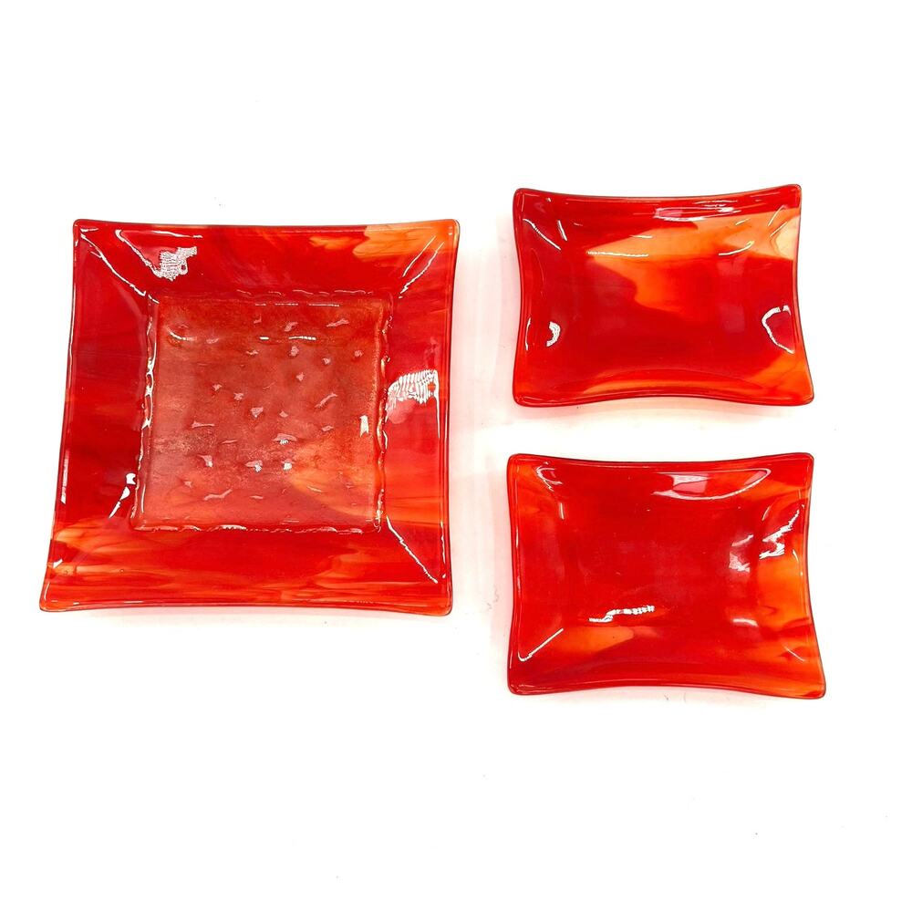 Set: 3 Fused Glass Art Square Dishes Red With Squiggles Handmade Signed